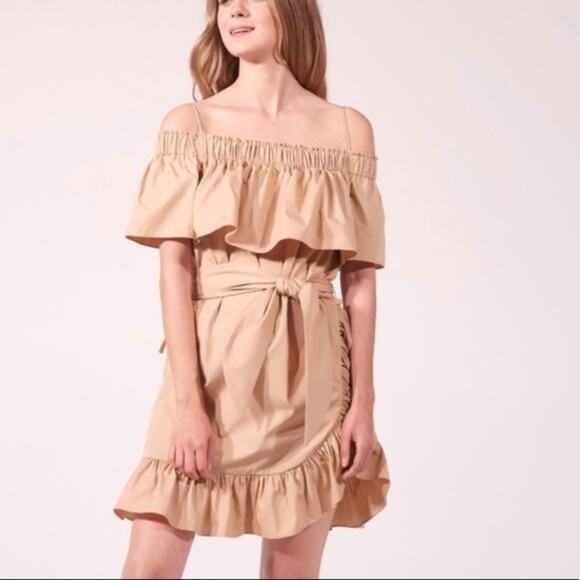 Sandro Paris Ohio Off Shoulder Tan Ruffle Dress - Picture 1 of 11